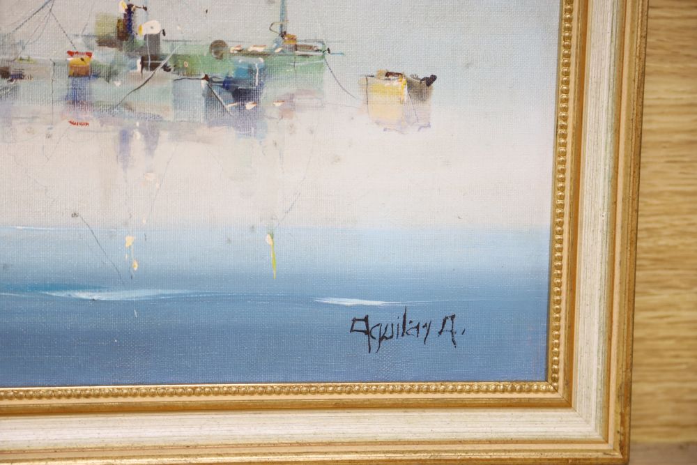 Jorge Aquilar-Agon (1936-), oil on canvas, Calm Mooring, signed, Frost and Reed label verso, 39 x 79cm